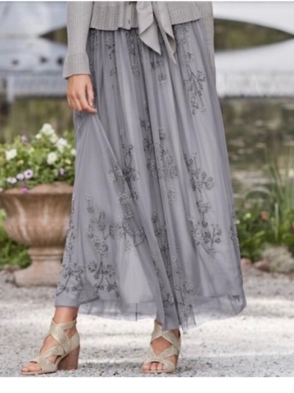Sundance Gray Embroidered Tulle Maxi Skirt